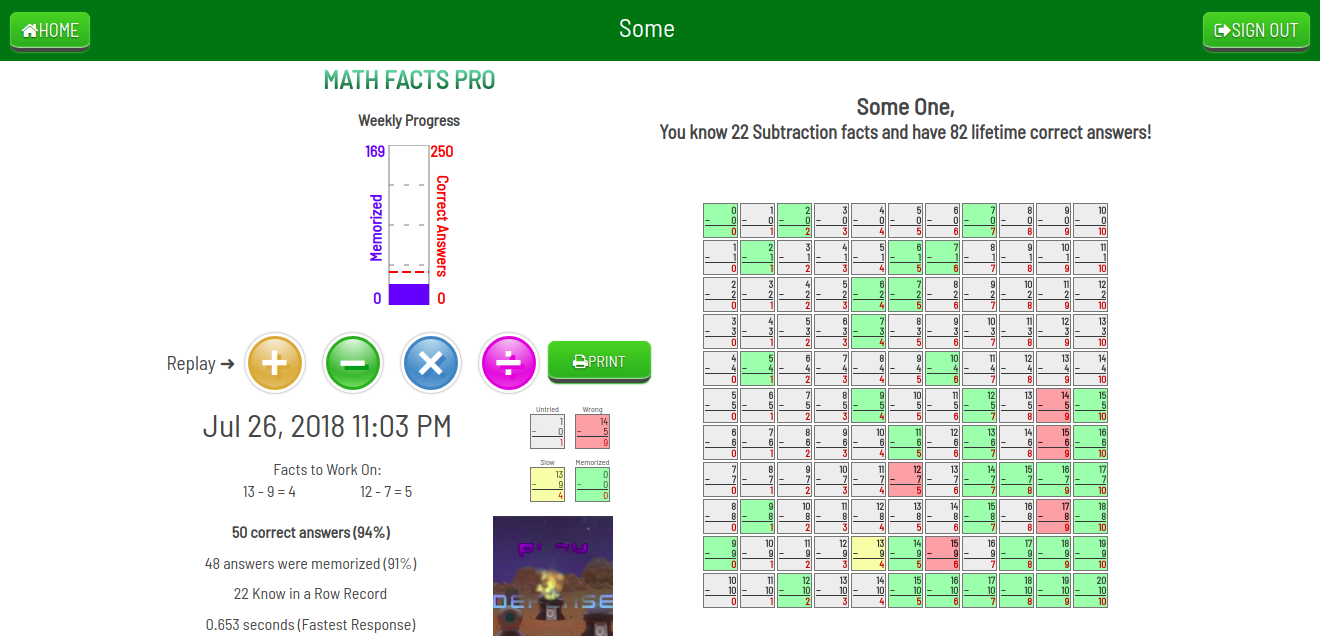 Subtraction Game Results Page